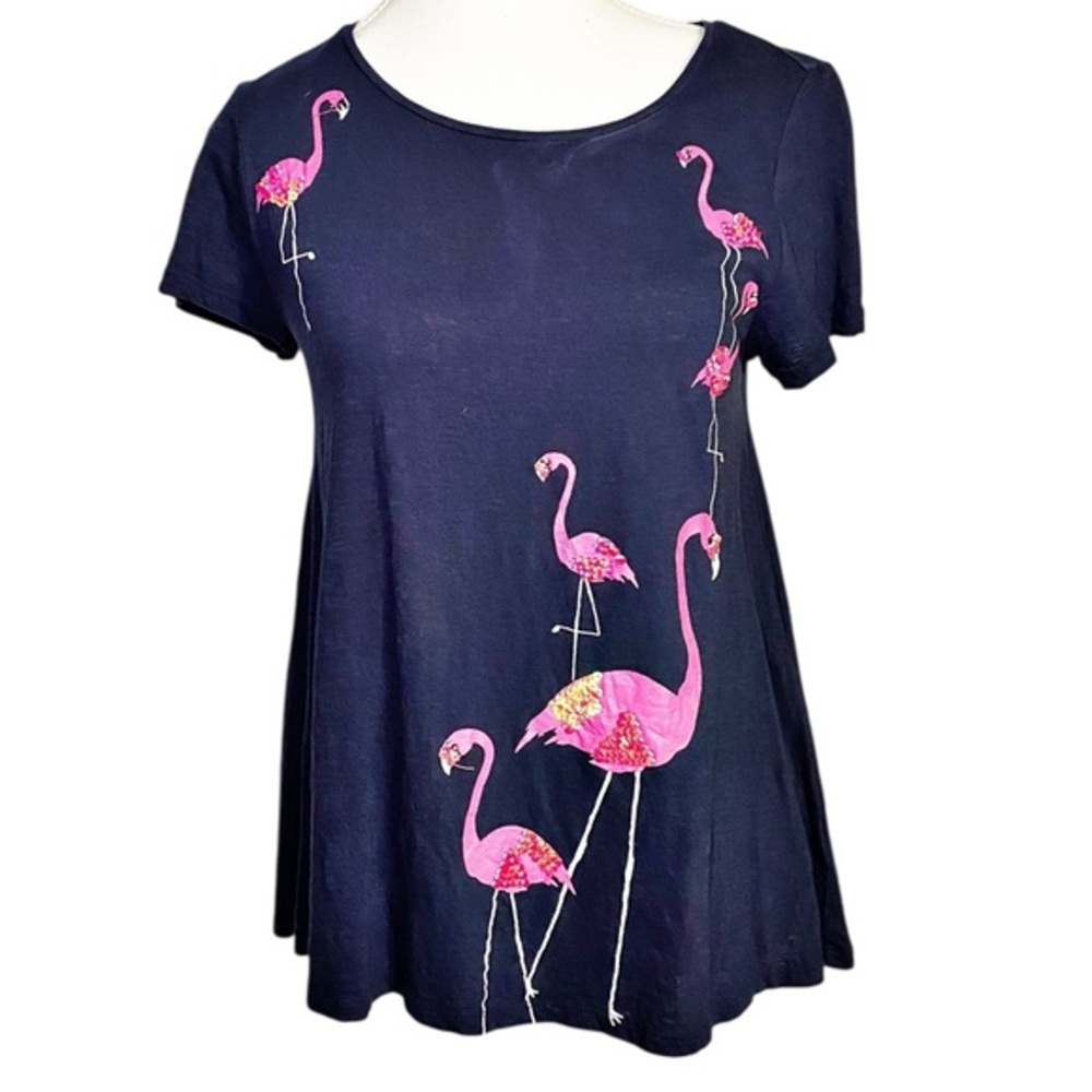 crown & ivy Navy Short Sleeve Top with Pink Flamingos